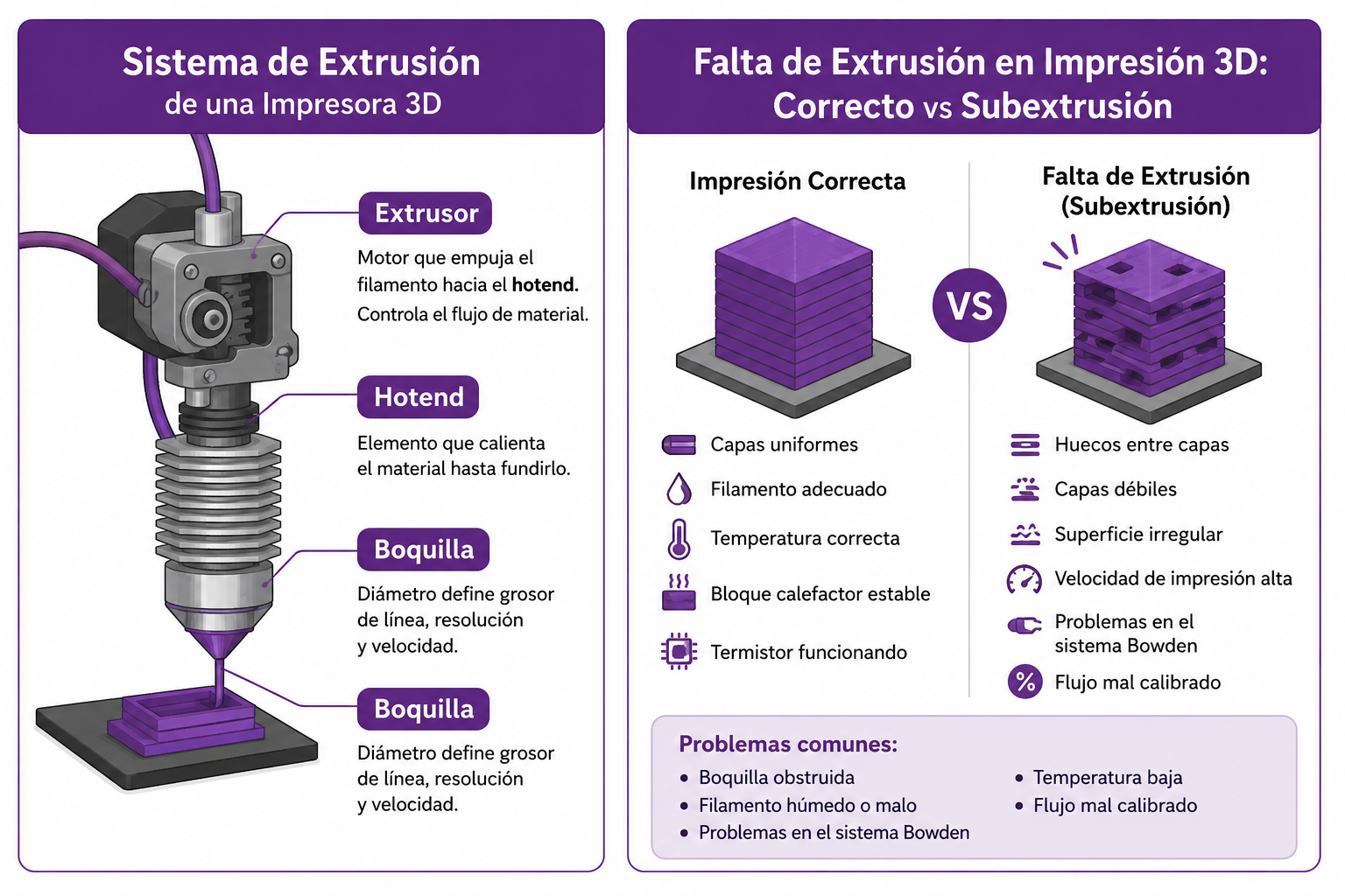 Diagrama del sistema de extrusión de una impresora 3D mostrando extrusor, hotend y boquilla, elementos responsables de fundir y depositar el filamento durante la impresión 3D FDM.