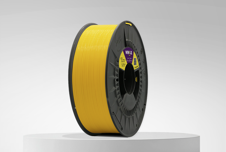 Spool of Winkle PLA High Speed Filament Canary Yellow 1,75mm 1kg on a platform and gray background