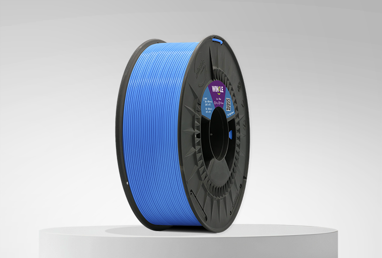 Spool of Winkle PLA High Speed Filament Sky Blue 1,75mm 1kg on a platform and gray background