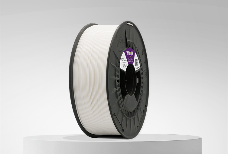 Spool of Winkle PLA High Speed Filament Glacier White 1,75mm 1kg on a platform and gray background