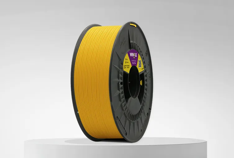 Spool of Winkle PLA HD Filament Canary Yellow 1,75mm 1kg on a platform and gray background