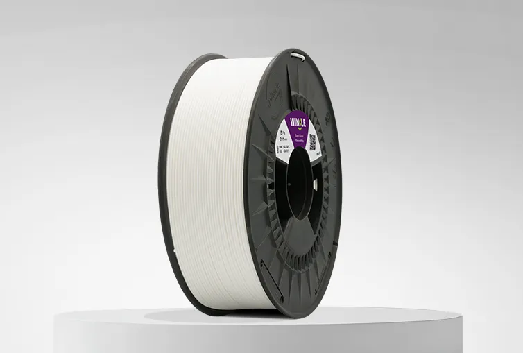 Spool of Winkle PLA HD Filament Glacier White 1,75mm 1kg on a platform and gray background