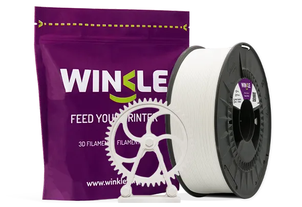 Doypack of spool Winkle ABS Filament Glacier White 1,75mm 5kg along with 3D printed figure with that material and its sustainable and reusable packaging.