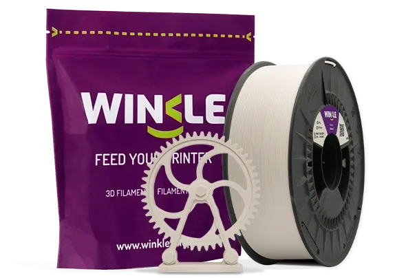 Doypack of spool Winkle ABS Filament Natural 1,75mm 5kg along with 3D printed figure with that material and its sustainable and reusable packaging.