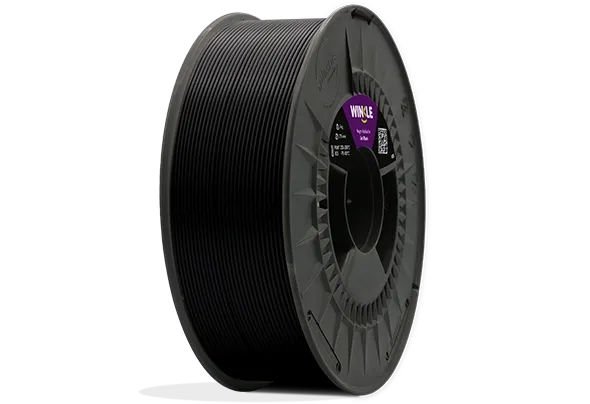 Eine perfekte Wicklung Filament ABS Winkle 1,75mm Gagat Schwarz 250g auf einer Plattform gelegen