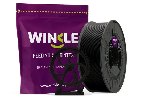 Doypack of spool Winkle ABS Filament Jet Black 1,75mm 8kg along with 3D printed figure with that material and its sustainable and reusable packaging.