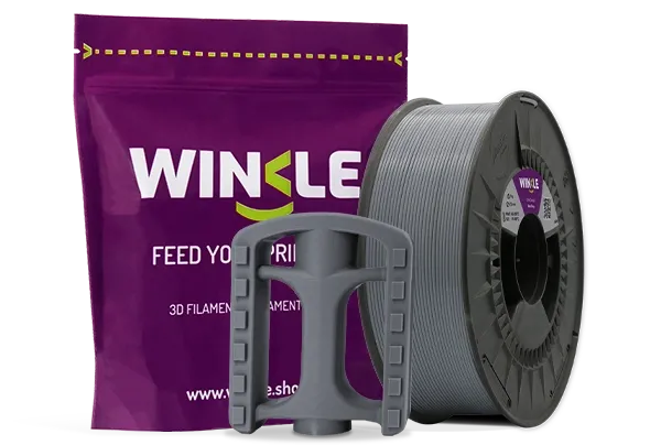 Doypack of spool Winkle ASA Filament Ash Grey 1,75mm 250g along with 3D printed figure with that material and its sustainable and reusable packaging.