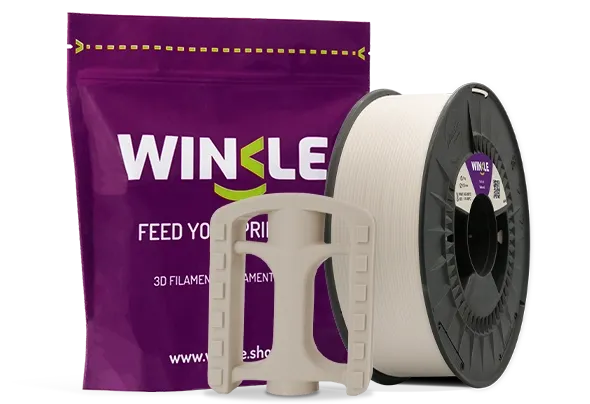 Doypack of spool Winkle ASA Filament Natural 1,75mm 5kg along with 3D printed figure with that material and its sustainable and reusable packaging.