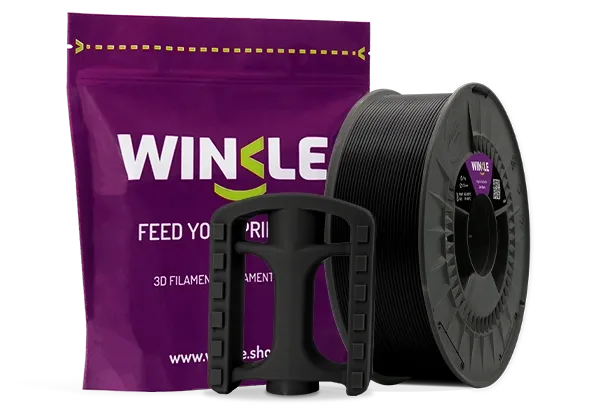 Doypack of spool Winkle ASA Filament Jet Black 1,75mm 5kg along with 3D printed figure with that material and its sustainable and reusable packaging.