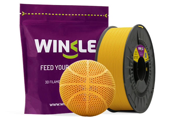 Doypack de la bobina de Filamento Flexible TPE Winkle 1,75mm Amarillo Canario 200g junto a figura impresa en 3D con ese material y su envase sostenible y reutilizable