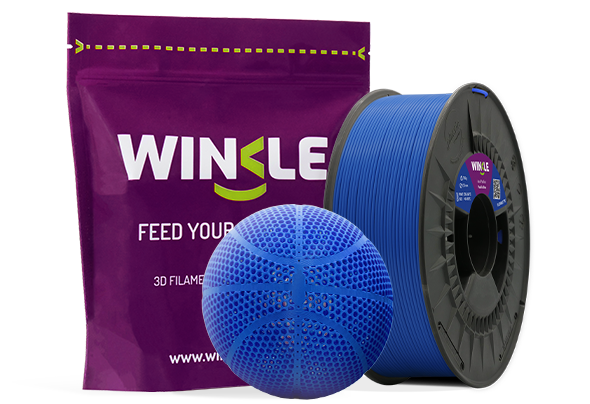 Doypack of spool Winkle TPE Flexible Filament Pacific Blue 1,75mm 200g along with 3D printed figure with that material and its sustainable and reusable packaging.