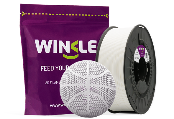 Doypack of spool Winkle TPE Flexible Filament Glacier White 1,75mm 200g along with 3D printed figure with that material and its sustainable and reusable packaging.