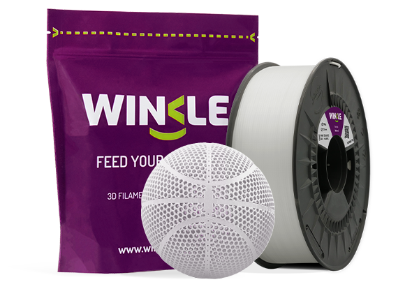 Doypack of spool Winkle TPE Flexible Filament Natural 1,75mm 750g along with 3D printed figure with that material and its sustainable and reusable packaging.