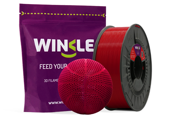 Doypack of spool Winkle TPE Flexible Filament Devil Red 1,75mm 200g along with 3D printed figure with that material and its sustainable and reusable packaging.