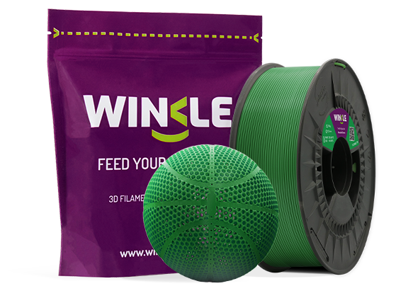 Doypack of spool Winkle TPE Flexible Filament Avocado Green 1,75mm 200g along with 3D printed figure with that material and its sustainable and reusable packaging.