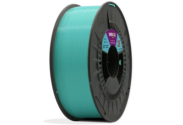 Eine perfekte Wicklung Filament PETG Kristall Winkle 1,75mm Aquamarinblau 1kg auf einer Plattform gelegen