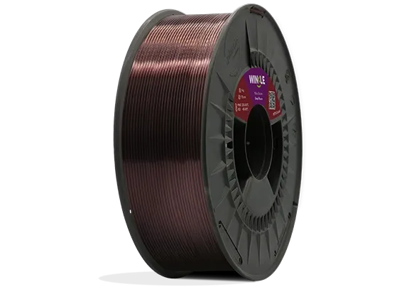 Eine perfekte Wicklung Filament PETG Kristall Winkle 1,75mm Dunkles Mauve 1kg auf einer Plattform gelegen