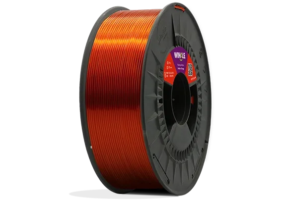 Eine perfekte Wicklung Filament PETG Kristall Winkle 1,75mm Bernstein Orange 1kg auf einer Plattform gelegen