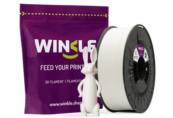 Doypack of spool Winke PETG Filament Glacier White 1,75mm 1kg along with 3D printed figure with that material and its sustainable and reusable packaging.