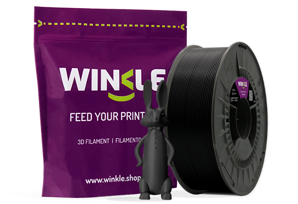 Doypack of spool Winke PETG Filament Jet Black 1,75mm 1kg along with 3D printed figure with that material and its sustainable and reusable packaging.