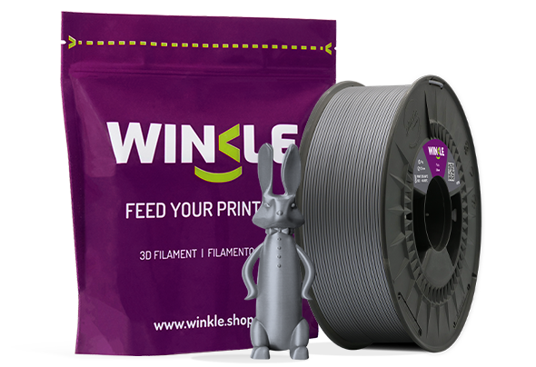 Doypack of spool Winke PETG Filament Silver 1,75mm 300g along with 3D printed figure with that material and its sustainable and reusable packaging.