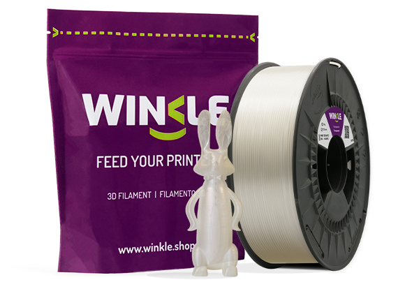 Doypack of spool Winke PETG Filament Transparent 1,75mm 300g along with 3D printed figure with that material and its sustainable and reusable packaging.