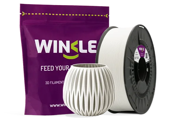 Doypack of spool Winkle PLA 850 Filament Glacier White 1,75mm 1kg along with 3D printed figure with that material and its sustainable and reusable packaging.