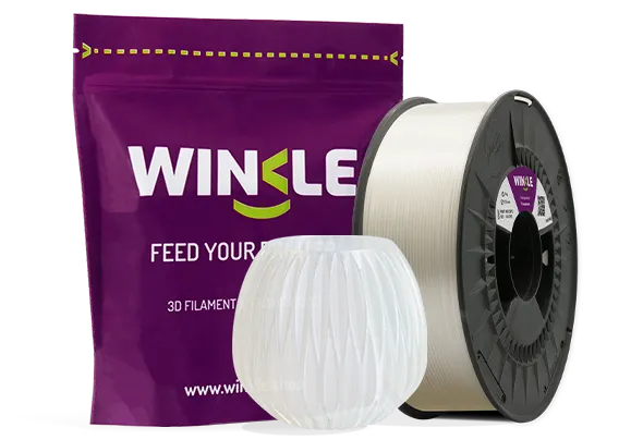 Doypack of spool Winkle PLA 850 Filament Transparent 1,75mm 1kg along with 3D printed figure with that material and its sustainable and reusable packaging.