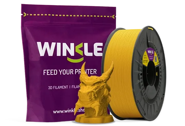 Doypack of spool Winkle PLA PRO Filament Canary Yellow 1,75mm 1kg along with 3D printed figure with that material and its sustainable and reusable packaging.