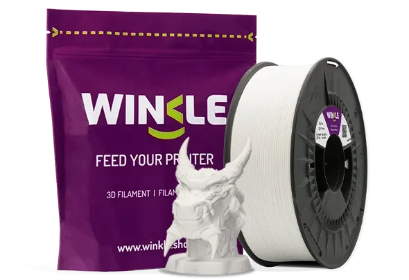 Doypack of spool Winkle PLA PRO Filament Glacier White 1,75mm 300g along with 3D printed figure with that material and its sustainable and reusable packaging.