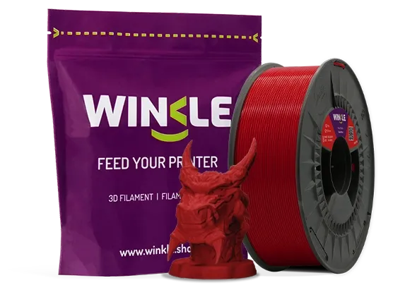 Doypack of spool Winkle PLA PRO Filament Devil Red 1,75mm 300g along with 3D printed figure with that material and its sustainable and reusable packaging.