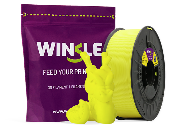 Doypack of spool Winkle PLA HD Filament Fluorescent Electric Yellow 1,75mm 1kg along with 3D printed figure with that material and its sustainable and reusable packaging.