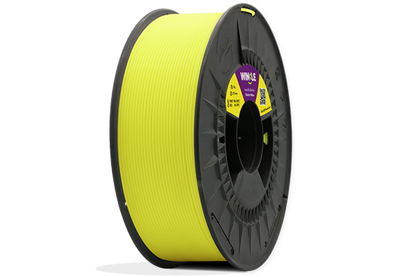 Bobinado perfecto de Filamento PLA HD Fluorescente Winkle 1,75mm Amarillo Eléctrico 300g situado sobre plataforma