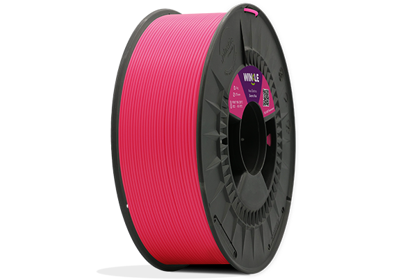 Eine perfekte Wicklung Filament PLA HD Fluoreszent Winkle 1,75mm Elektrisch Rosa 300g auf einer Plattform gelegen