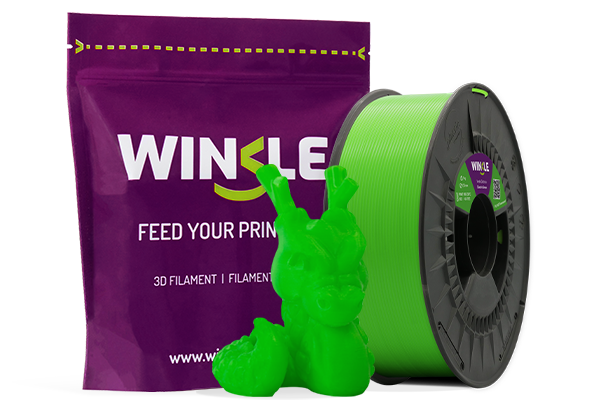 Doypack of spool Winkle PLA HD Filament Fluorescent Electric Green 2,85mm 1kg along with 3D printed figure with that material and its sustainable and reusable packaging.