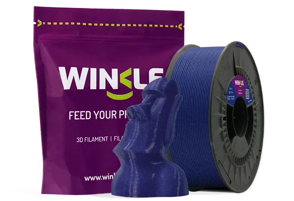 Doypack of spool Winkle PLA HD Filament Glitter Night Blue 1,75mm 1kg along with 3D printed figure with that material and its sustainable and reusable packaging.