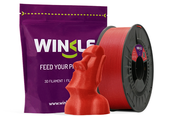 Doypack of spool Winkle PLA HD Filament Glitter Coral 1,75mm 300g along with 3D printed figure with that material and its sustainable and reusable packaging.