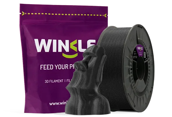 Doypack of spool Winkle PLA HD Filament Glitter Galaxy Black 1,75mm 1kg along with 3D printed figure with that material and its sustainable and reusable packaging.