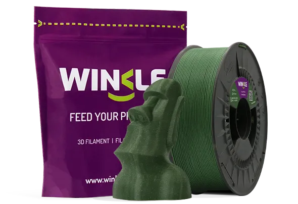 Doypack of spool Winkle PLA HD Filament Glitter Army Green 1,75mm 300g along with 3D printed figure with that material and its sustainable and reusable packaging.