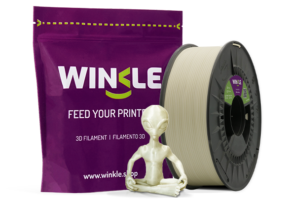 Doypack of spool Winkle PLA HD Filament Glow Alien Green 1,75mm 1kg along with 3D printed figure with that material and its sustainable and reusable packaging.