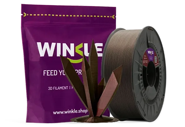 Doypack de la bobine de Filament PLA HD Interferenz Winkle 1,75mm Dunkle Bronze 1kg sowie eine 3D-gedruckte Figur aus diesem Material und ihre nachhaltige und wiederverwendbare Verpackung.