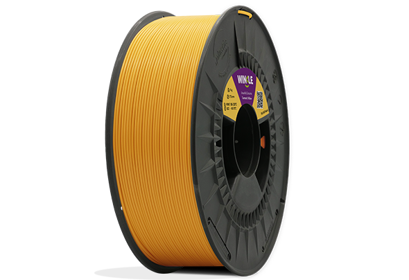 Eine perfekte Wicklung Filament PLA HD Pastell Winkle 1,75mm Kurkumagelb 1kg auf einer Plattform gelegen