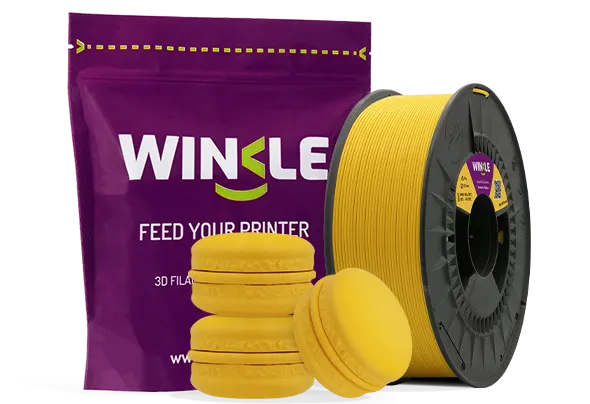 Doypack of spool Winkle PLA HD Filament Pastel Turmeric Yellow 1,75mm 300g along with 3D printed figure with that material and its sustainable and reusable packaging.