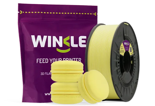 Doypack of spool Winkle PLA HD Filament Pastel Banana Yellow 1,75mm 1kg along with 3D printed figure with that material and its sustainable and reusable packaging.