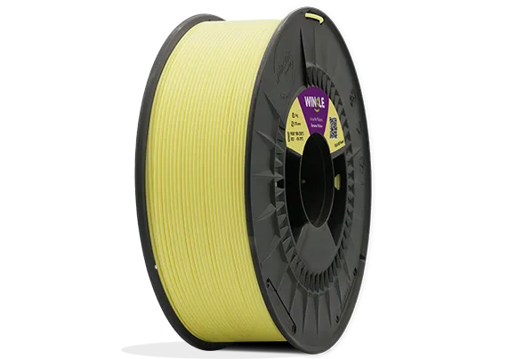 Eine perfekte Wicklung Filament PLA HD Pastell Winkle 1,75mm Bananegelb 300g auf einer Plattform gelegen