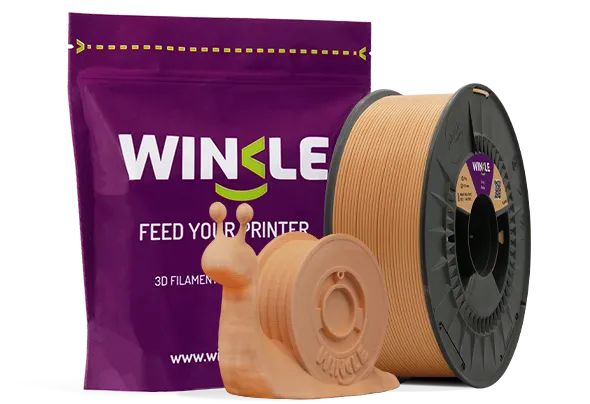 Doypack de la bobine de Filament PLA HD Winkle 1,75mm Beige 1kg sowie eine 3D-gedruckte Figur aus diesem Material und ihre nachhaltige und wiederverwendbare Verpackung.