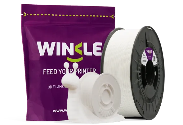 Doypack of spool Winkle PLA HD Filament Glacier White 1,75mm 300g along with 3D printed figure with that material and its sustainable and reusable packaging.