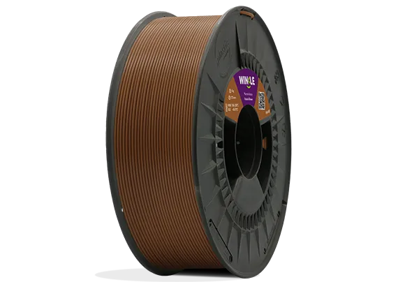 Eine perfekte Wicklung Filament PLA HD Winkle 1,75mm Akazienholz Braun 3kg auf einer Plattform gelegen