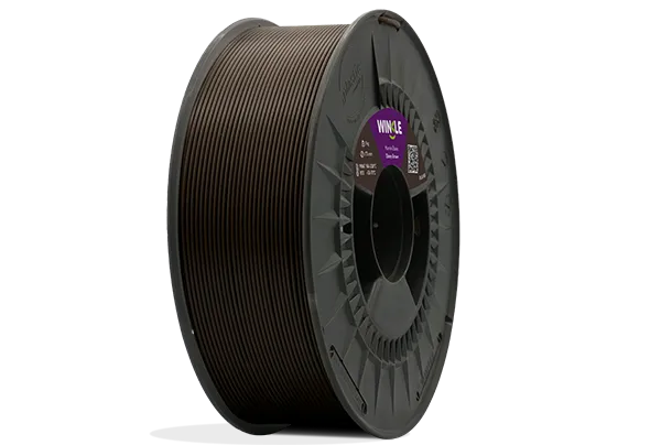 Eine perfekte Wicklung Filament PLA HD Winkle 1,75mm Ebenholz Braun 300g auf einer Plattform gelegen