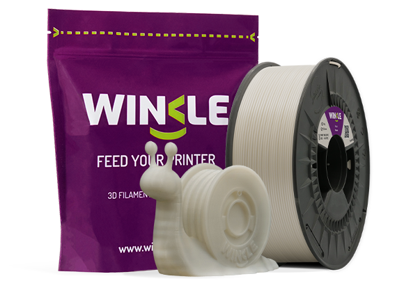 Doypack of spool Winkle PLA HD Filament Nacre 1,75mm 1kg along with 3D printed figure with that material and its sustainable and reusable packaging.